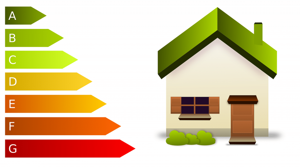 dessin de maison à côté de laquelle on trouve les niveaux de performance énergétique